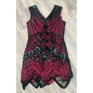 Sequin Beaded Flapper‎ Dress Sleeveless Cocktail Party Gatsby Style Maroon small
